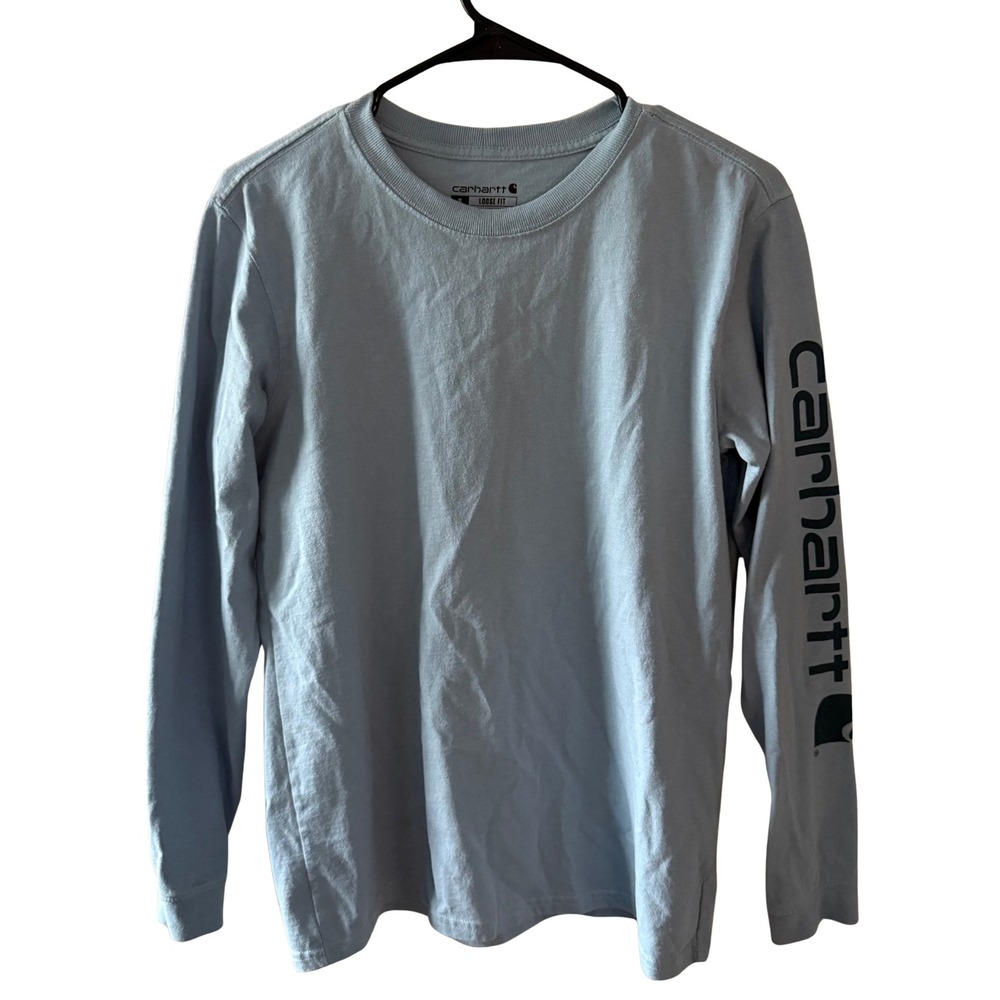 Carhartt Womens Loose Fit Long Sleeve Graphic Logo T-Shirt Light Blue Small 4-6